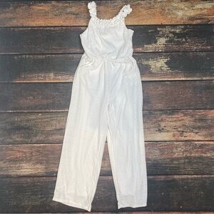 Tahari Girl White Eyelet Jumpsuit With Ruffle Straps and Bow Detail On Back